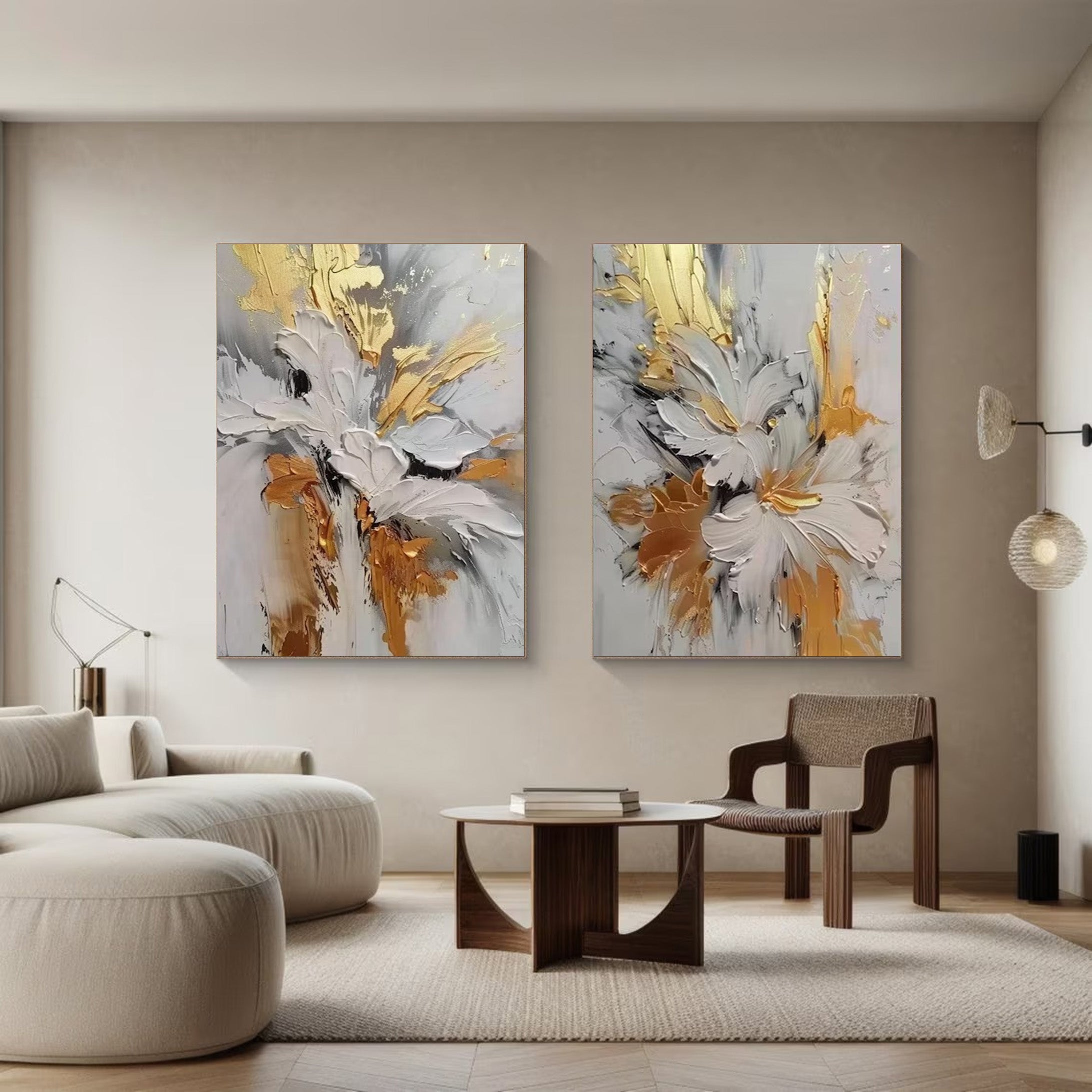 Gilded Bloom: Set of Two 3D Floral Art, Gold Accent Texture #BGA 214 - Image 11