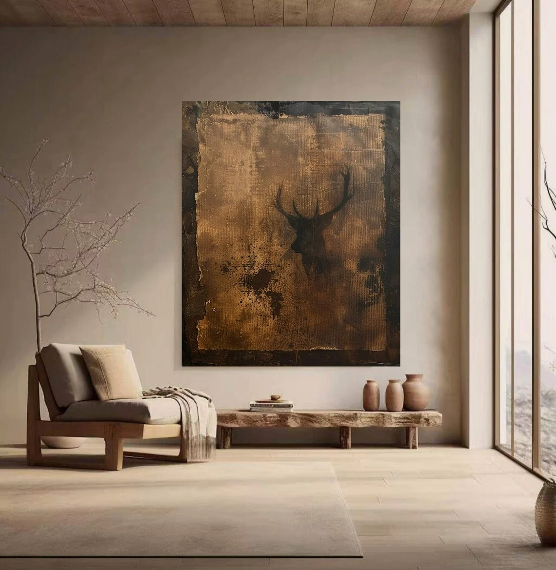 Wabi-Sabi Textured Canvas with Deer Abstract, Rustic Wall Art #BGA 134 - Image 7