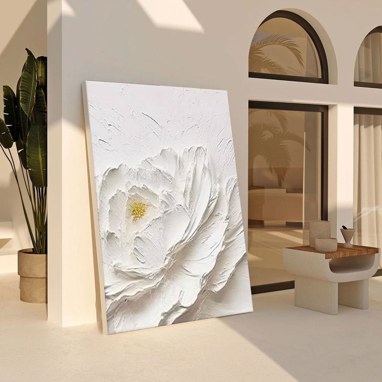 Textured Petals: White Flower Relief, Sculptural Floral Art #BGA 196 - Image 7