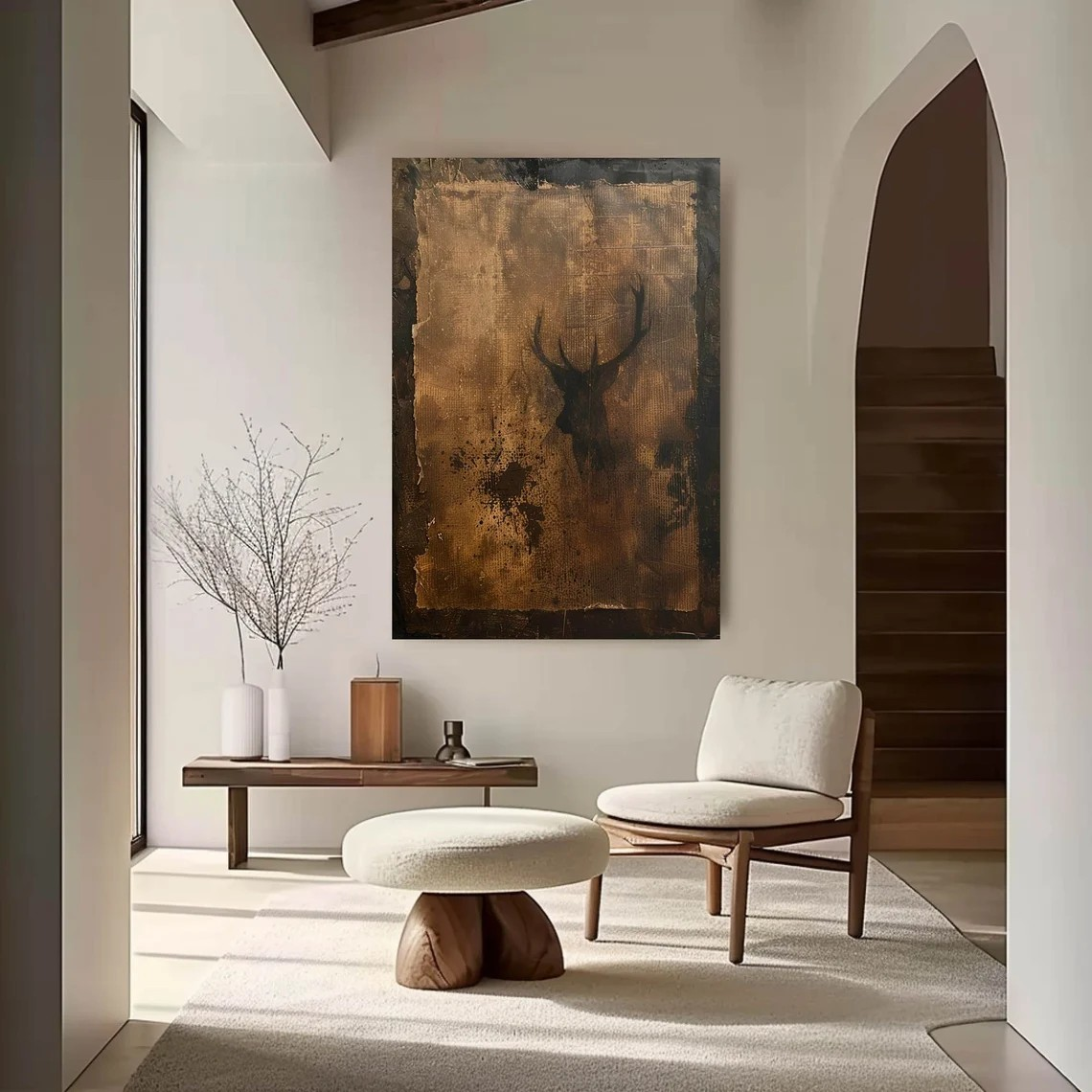 Wabi-Sabi Textured Canvas with Deer Abstract, Rustic Wall Art #BGA 134 - Image 2
