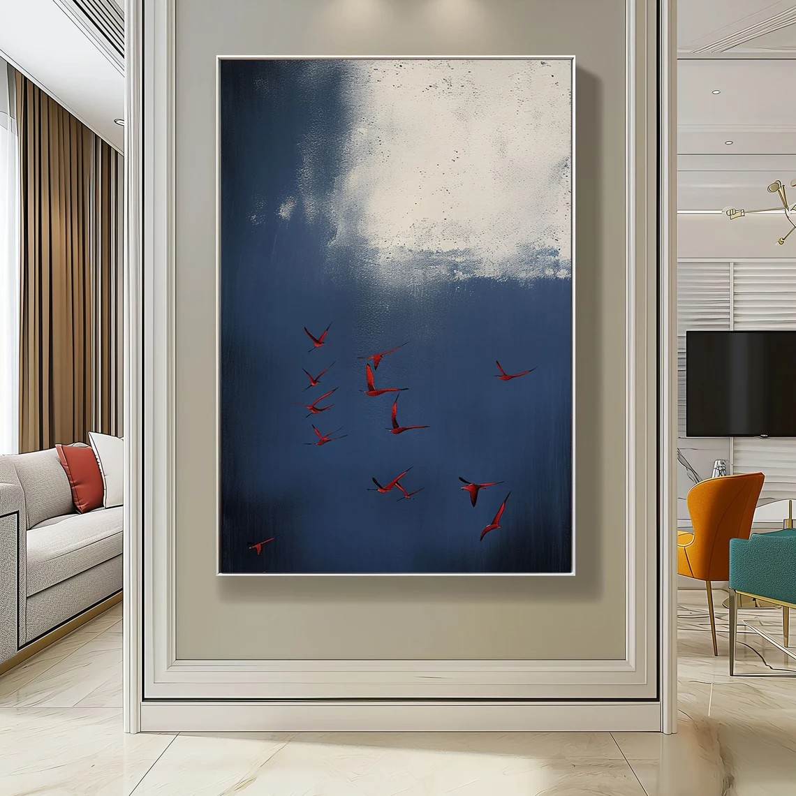 Surreal Dark Blue Sky With Red Birds, Unique Wall Decor #BGA 142 - Image 9