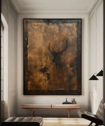 Wabi-Sabi Textured Canvas with Deer Abstract, Rustic Wall Art #BGA 134