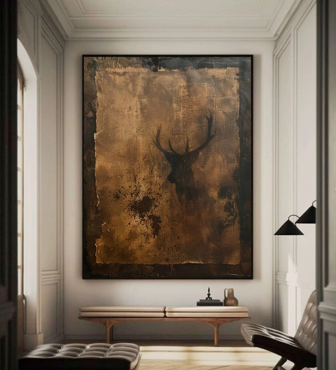 Wabi-Sabi Textured Canvas with Deer Abstract, Rustic Wall Art #BGA 134