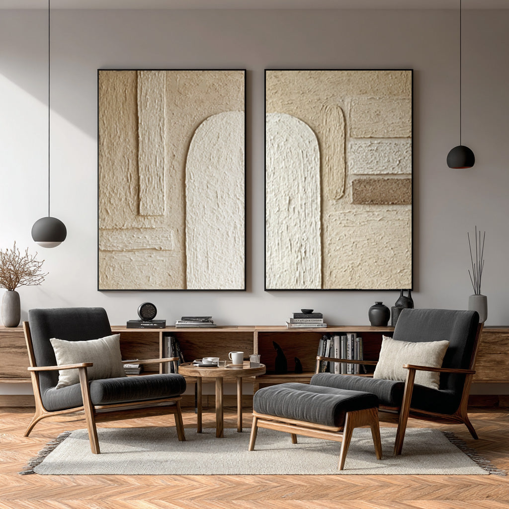 Arch Design Textured Canvas Pair Neutral Modern Decor #WG 040