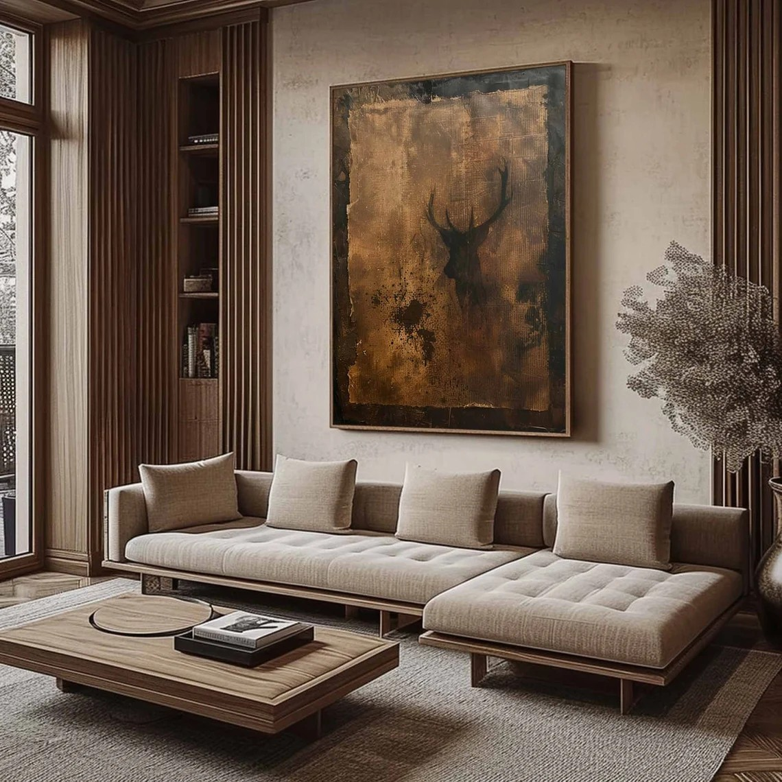 Wabi-Sabi Textured Canvas with Deer Abstract, Rustic Wall Art #BGA 134 - Image 9